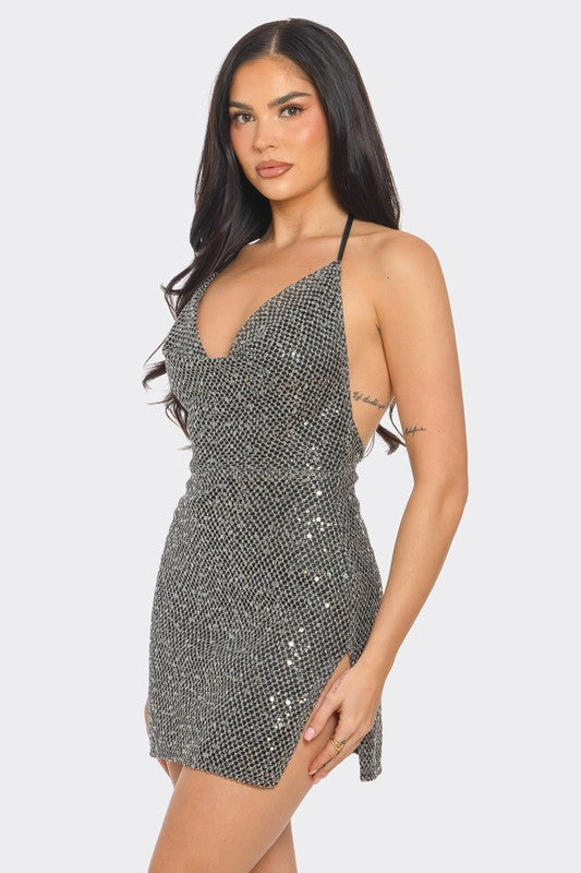 MINI DRESS  .  OPEN BACK FISHNET SEQUIN MINI DRESS W/ SIDE SLIT  Black