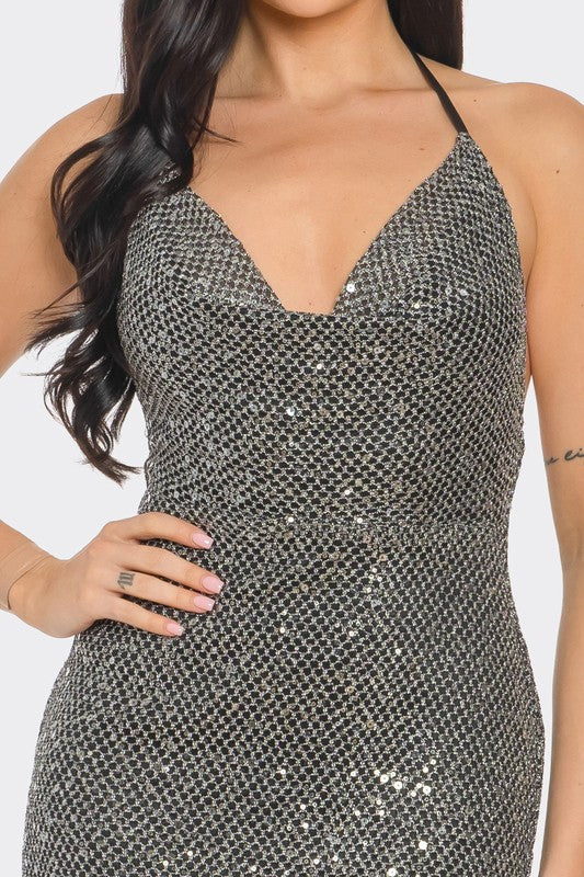 MINI DRESS  .  OPEN BACK FISHNET SEQUIN MINI DRESS W/ SIDE SLIT  Black