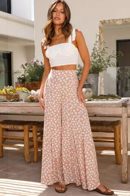 Pants  .  Khaki Boho Floral High Waist Flare Pants