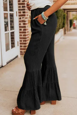 Pants  .  Black Textured High Waist Ruffled Bell Bottom Pants.