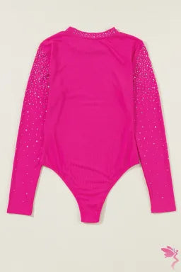 Bodysuit  .  Rose Rhinestone Mesh Long Sleeve Bodysuit.