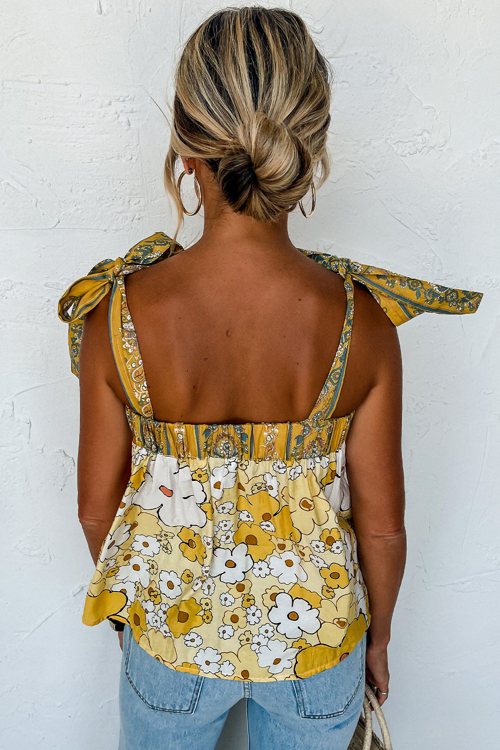 Buttoned Tank Top  .  Yellow Floral Patchwork Tied Straps