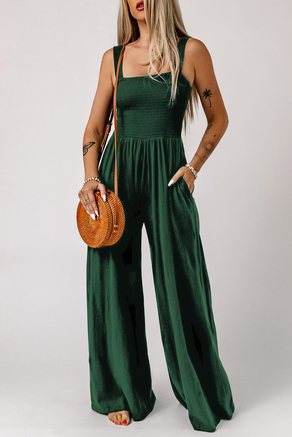 Jumpsuit with Pockets  .  Green Smocked Sleeveless Wide Leg