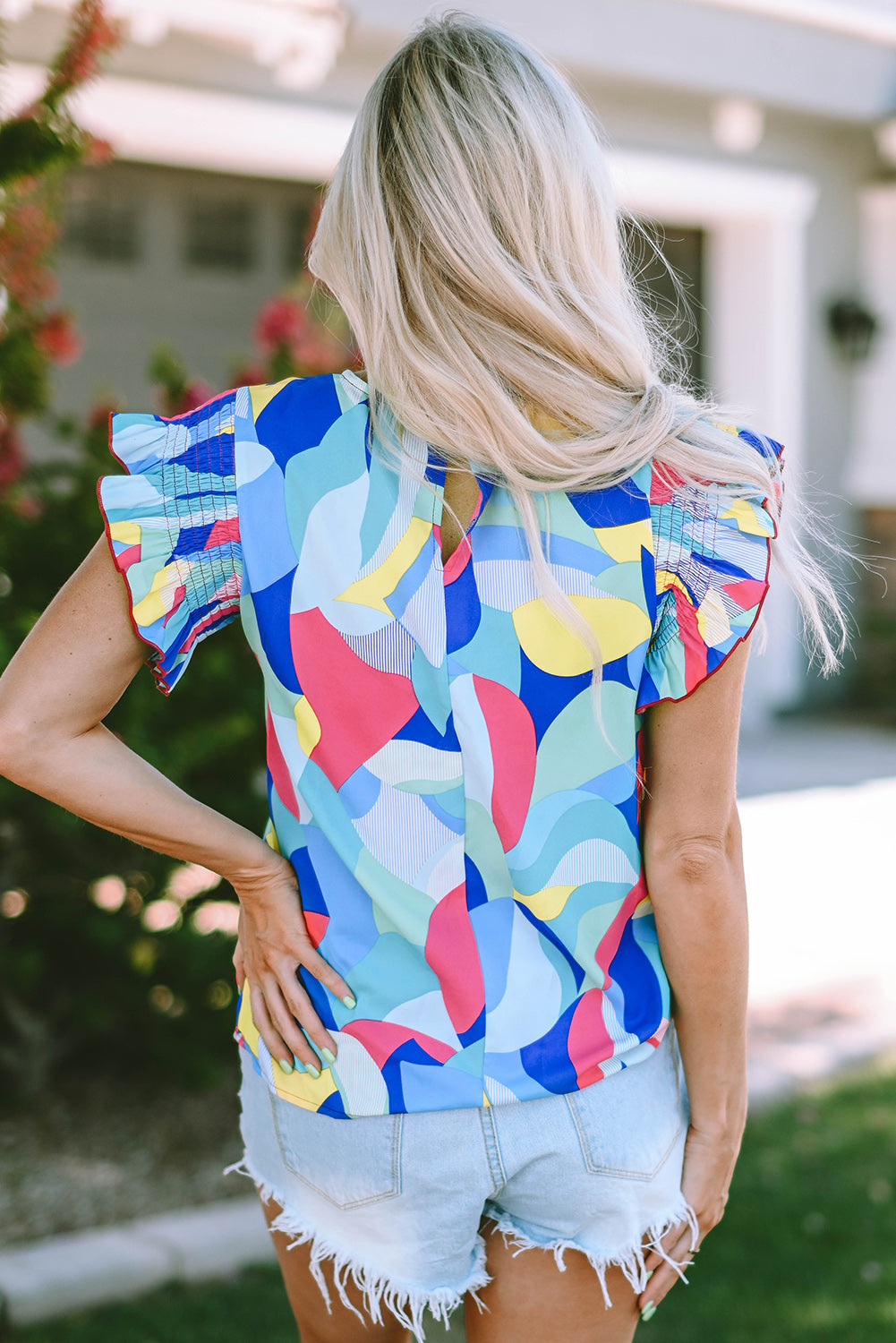Sleeve Blouse  .  Multicolor Abstract Print Stitching Ruffle