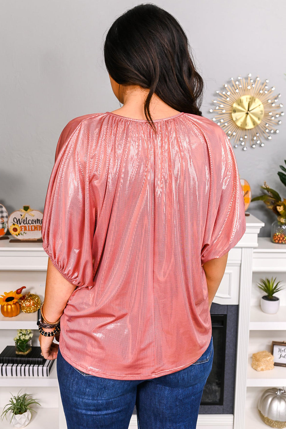 Top  .  Pink Split V Neck Metallic Short Sleeve Top