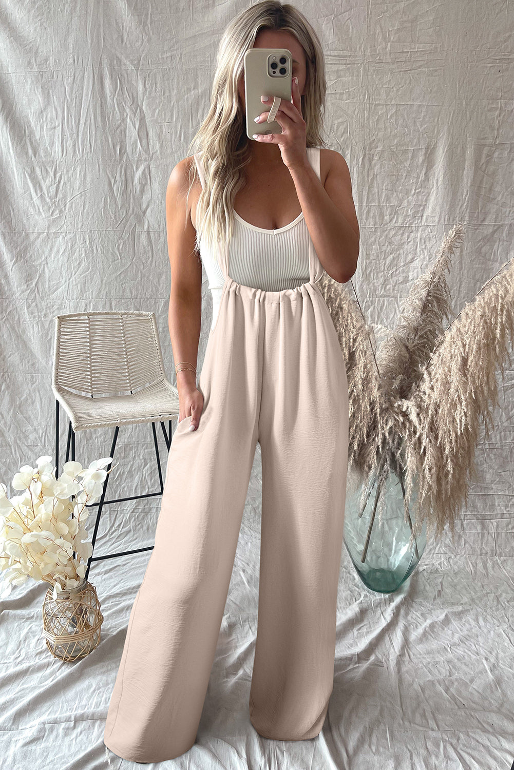 Romper  .  Parchment Wide Strap Ruched Knot Back Wide Leg Overall