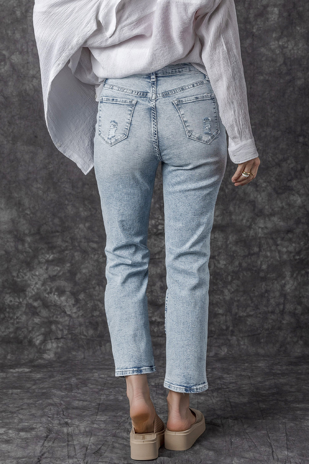 Slim Fit High Waist Jeans  ,  Sky Blue Light Wash Frayed