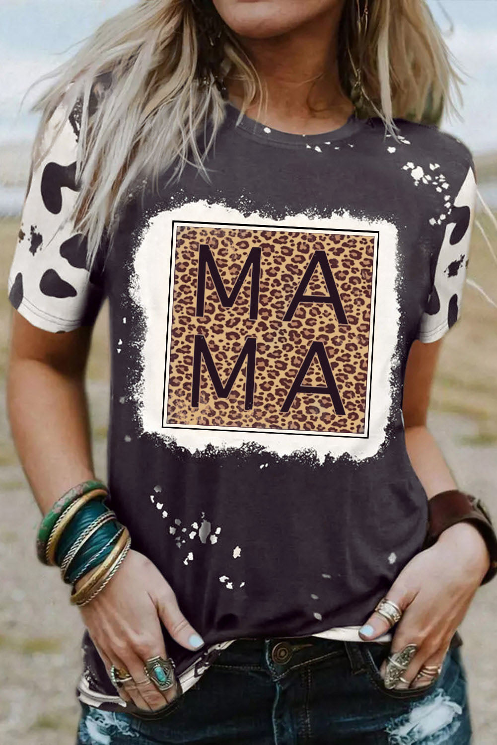 Tees  .  Black Leopard MAMA Graphic Tie Dye Casual Tee