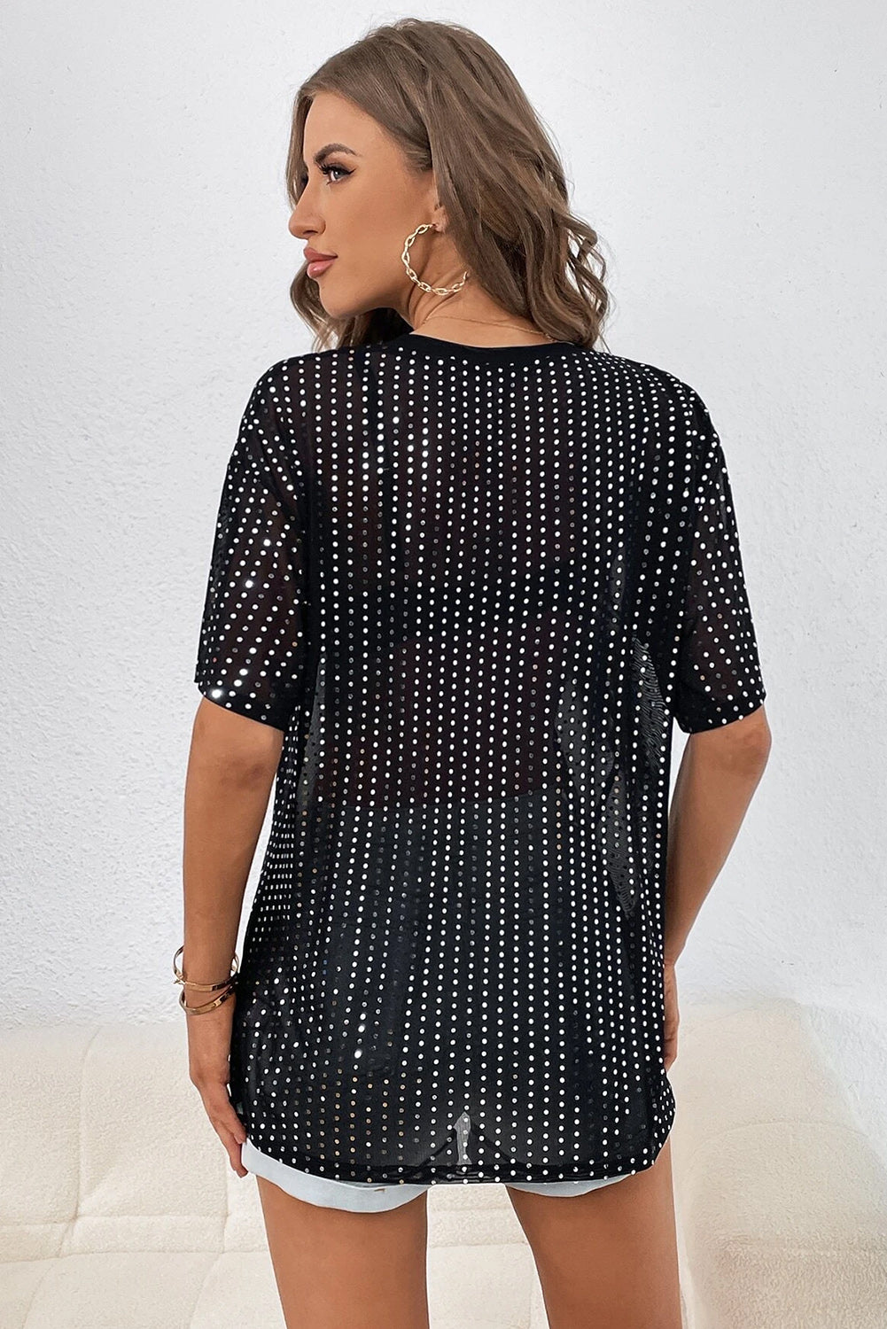 T-shirt  .  Black Sequin Drop Shoulder Sheer T-shirt