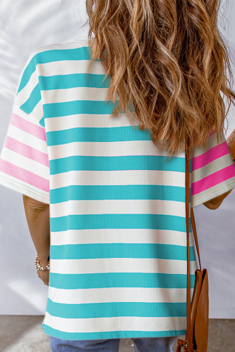 T Shirt  .  Blue Stripe Contrast Patch Pocket Drop Sleeve T Shirt