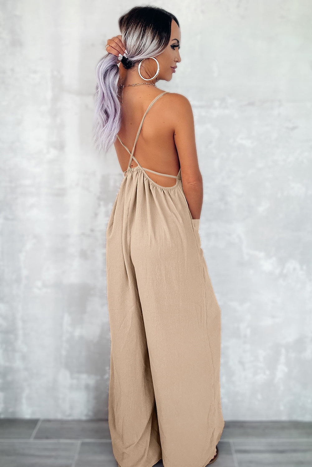 Jumpsuit   .  Apricot Spaghetti Straps Waist Tie Wide Leg Jumpsuit with Pockets