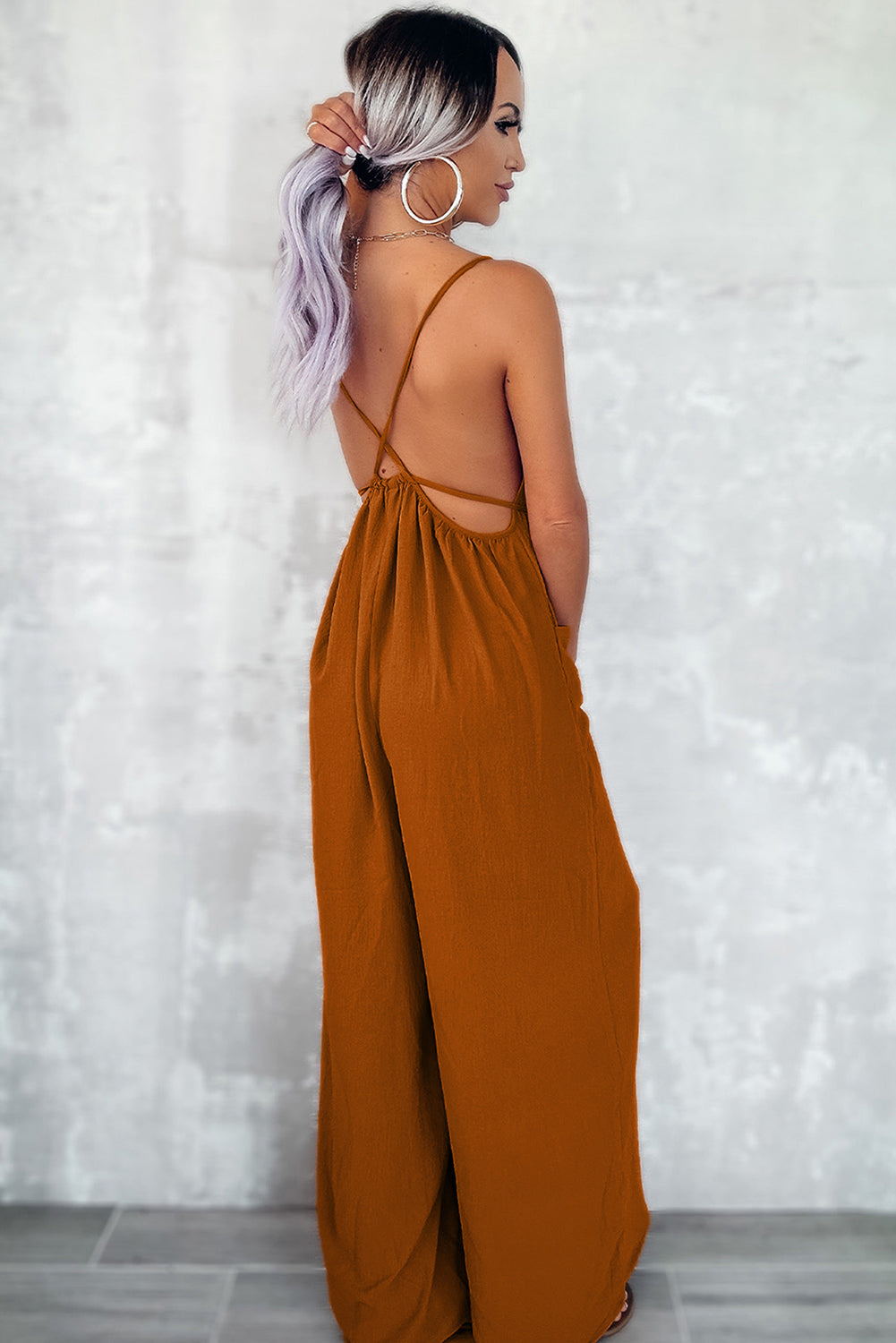 Jumpsuit   .  Chestnut Spaghetti Straps Waist Tie Wide Leg Jumpsuit with Pockets