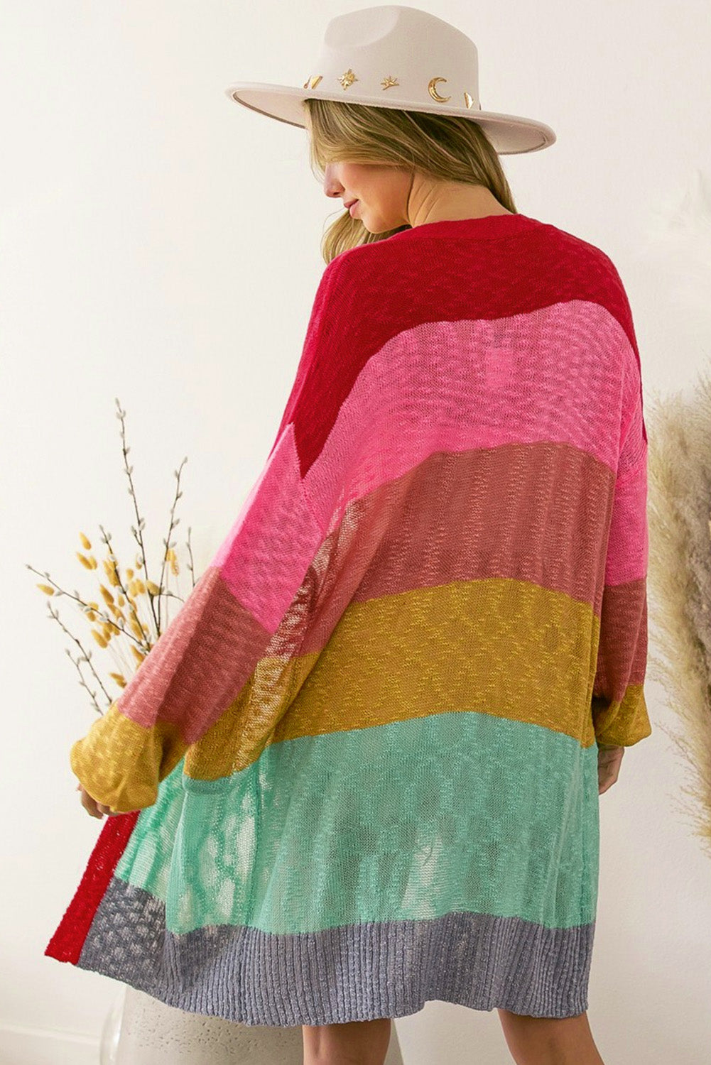 Cardigan  .  Multicolor Color Block Patchwork Open Front Cardigan