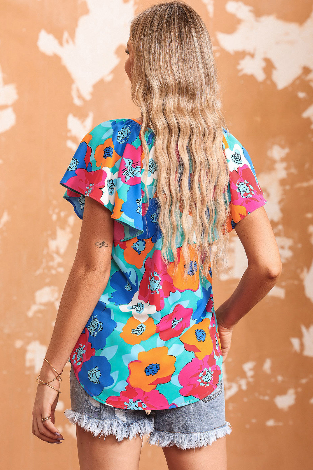 Blouse  .  Multicolor Floral Print Drawstring V Neck Short Sleeve Blouse