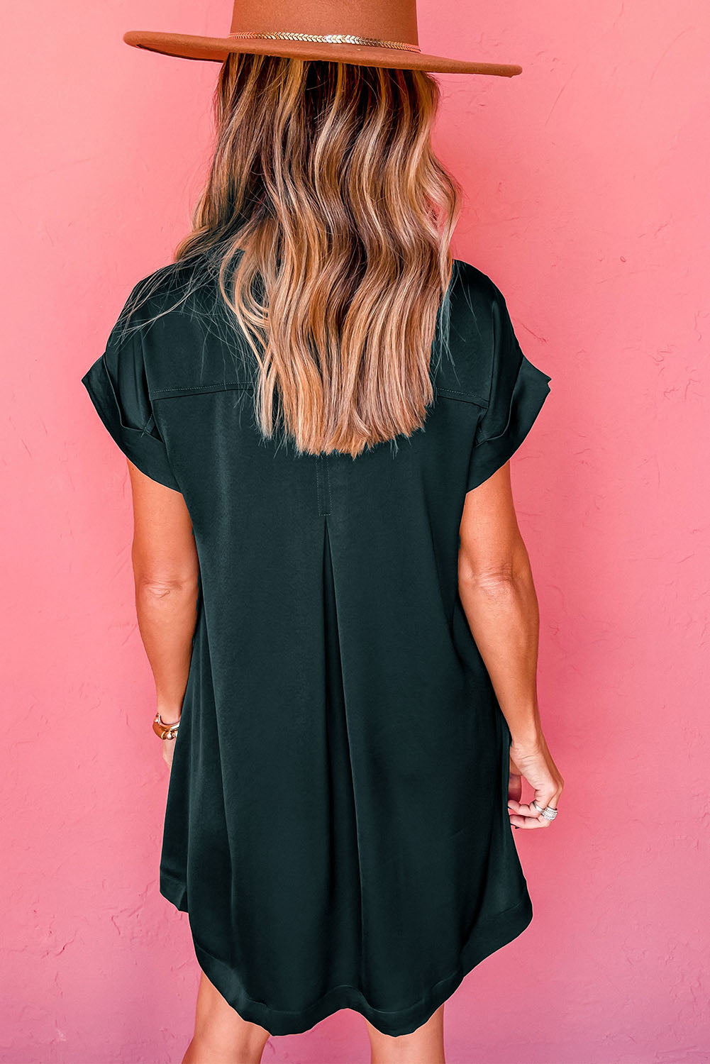 Dress  .  Shift Dress Green Notched Neckline Cuffed Short Sleeve