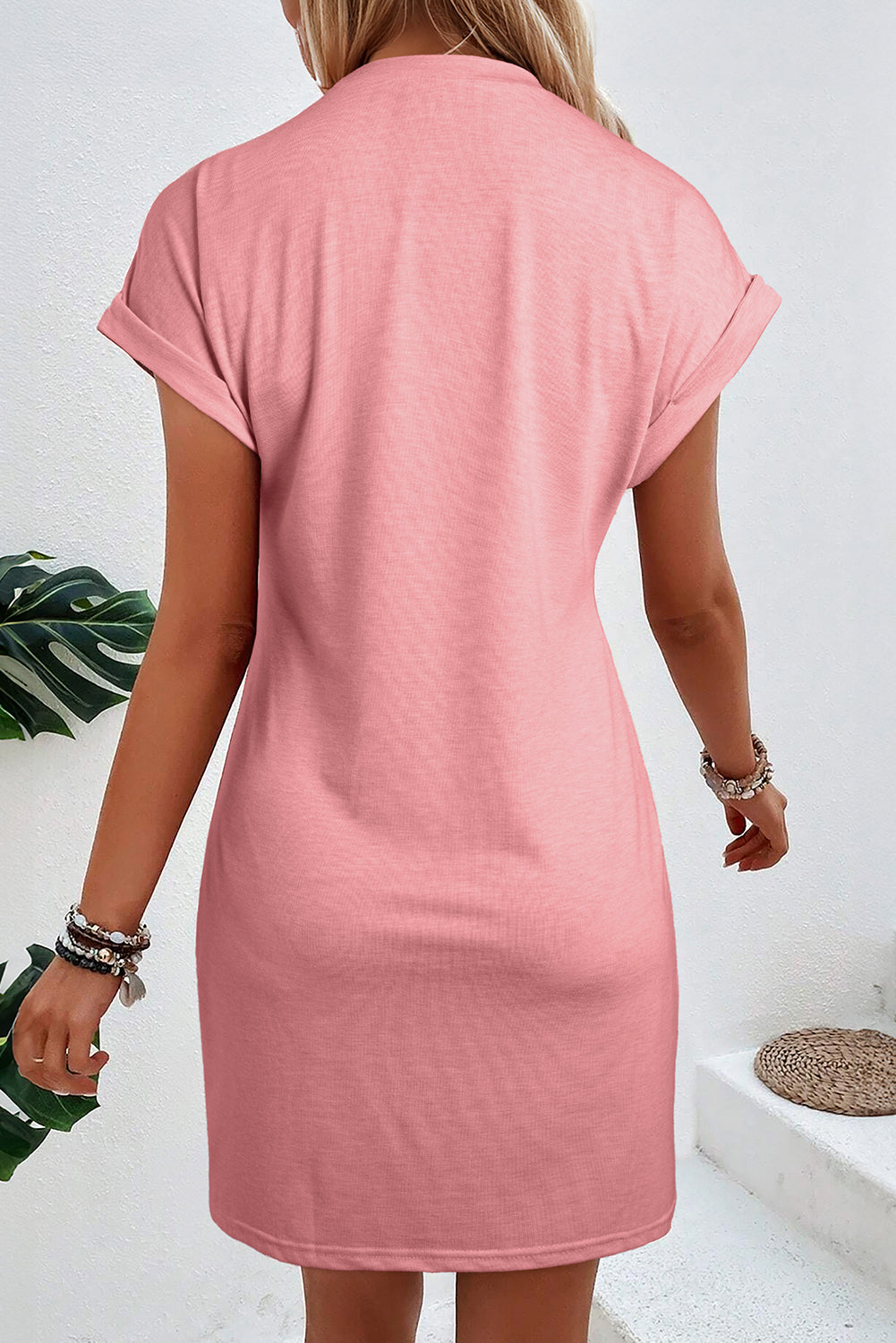 T-shirt Dress  .  Rose Pink Center Seam Rolled Cuffs