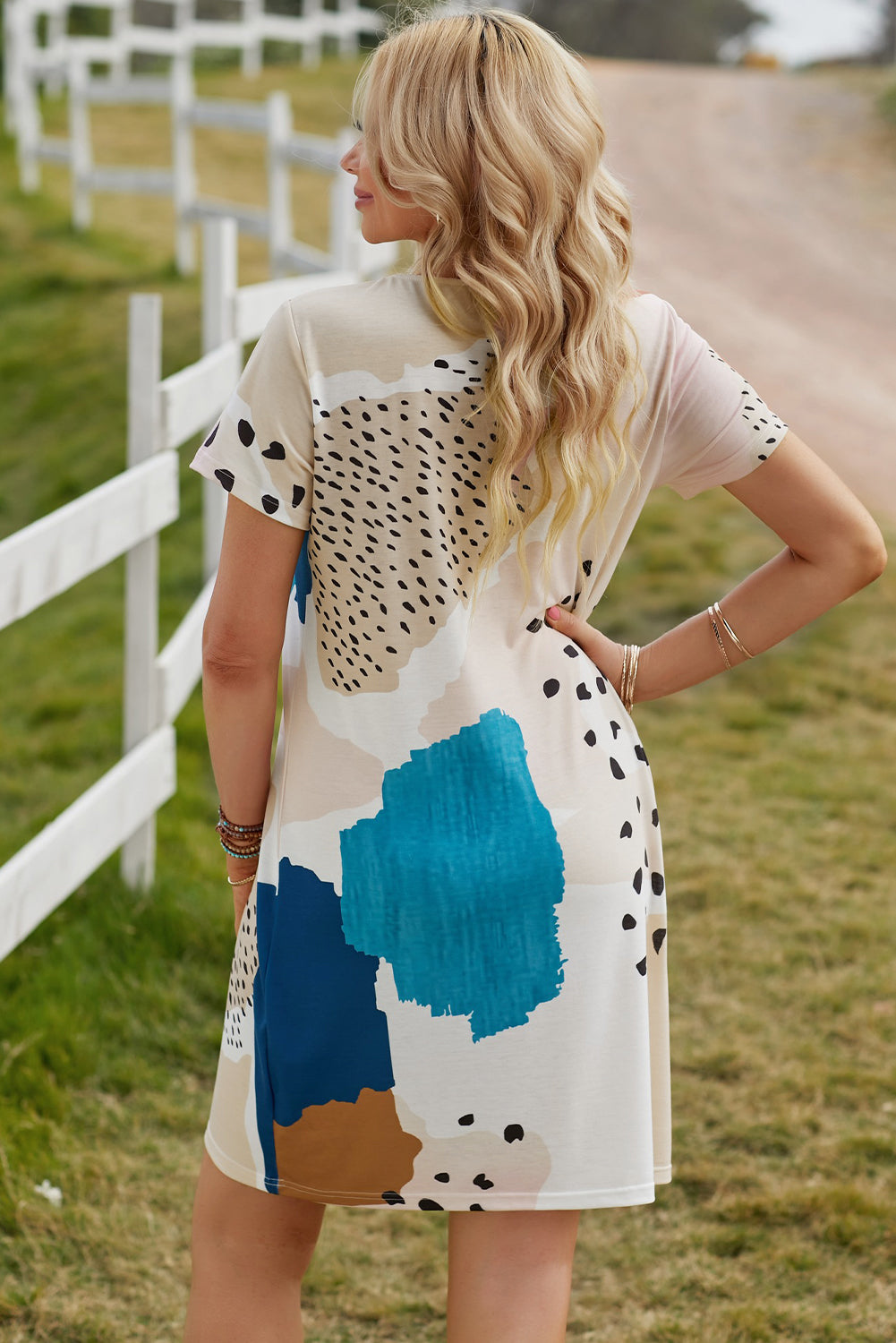 Dress  .  Light Blue Leopard Splicing Color Block Mini Dress