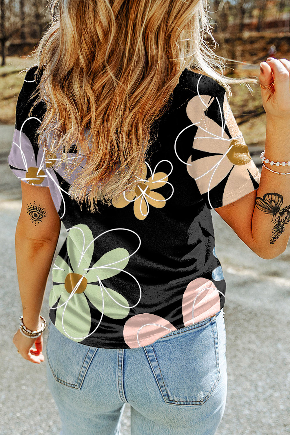 T Shirt  .  Black Summer Flower Print Casual Round Neck T Shirt