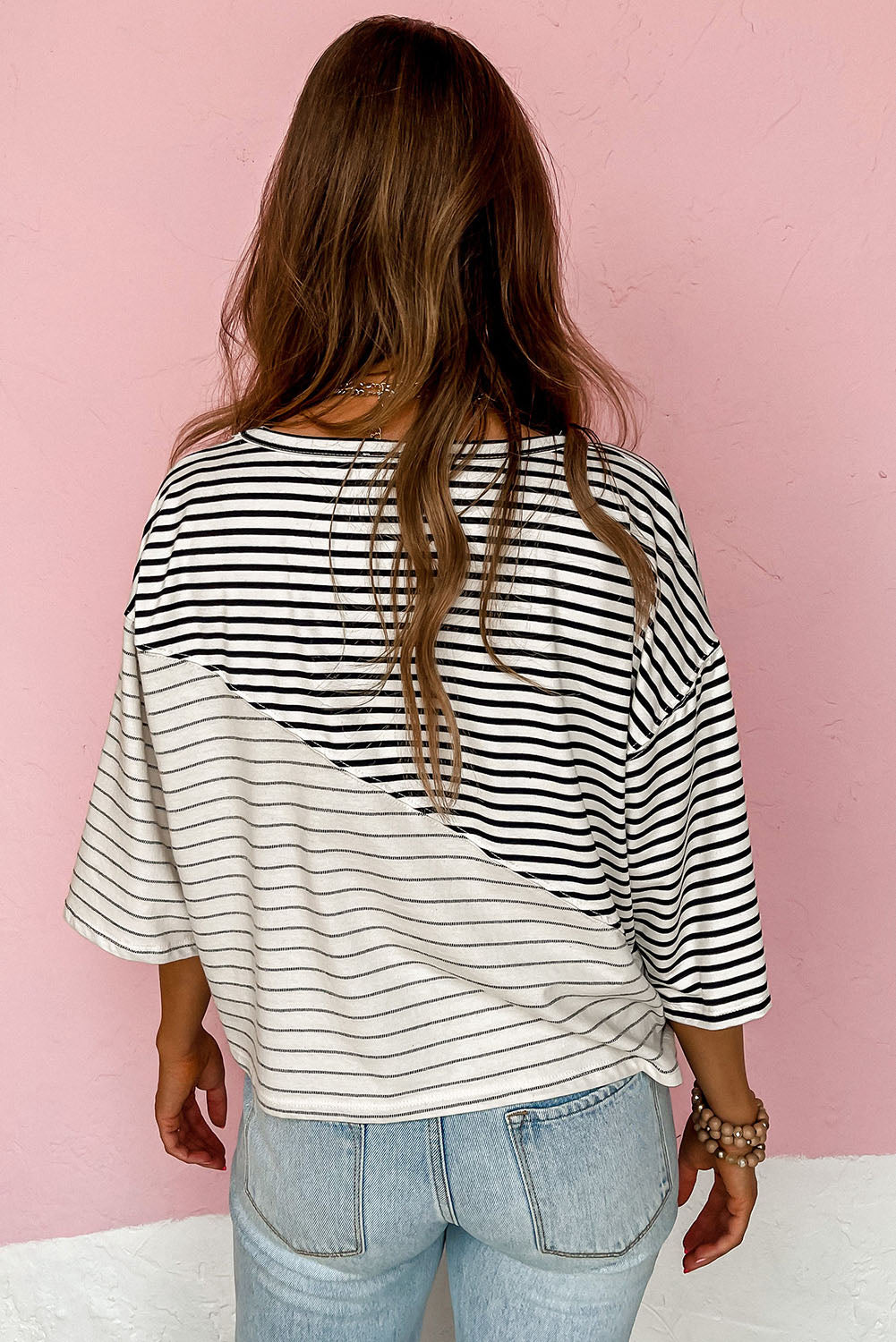 Top  .  Striped Patchwork Short Sleeve Top