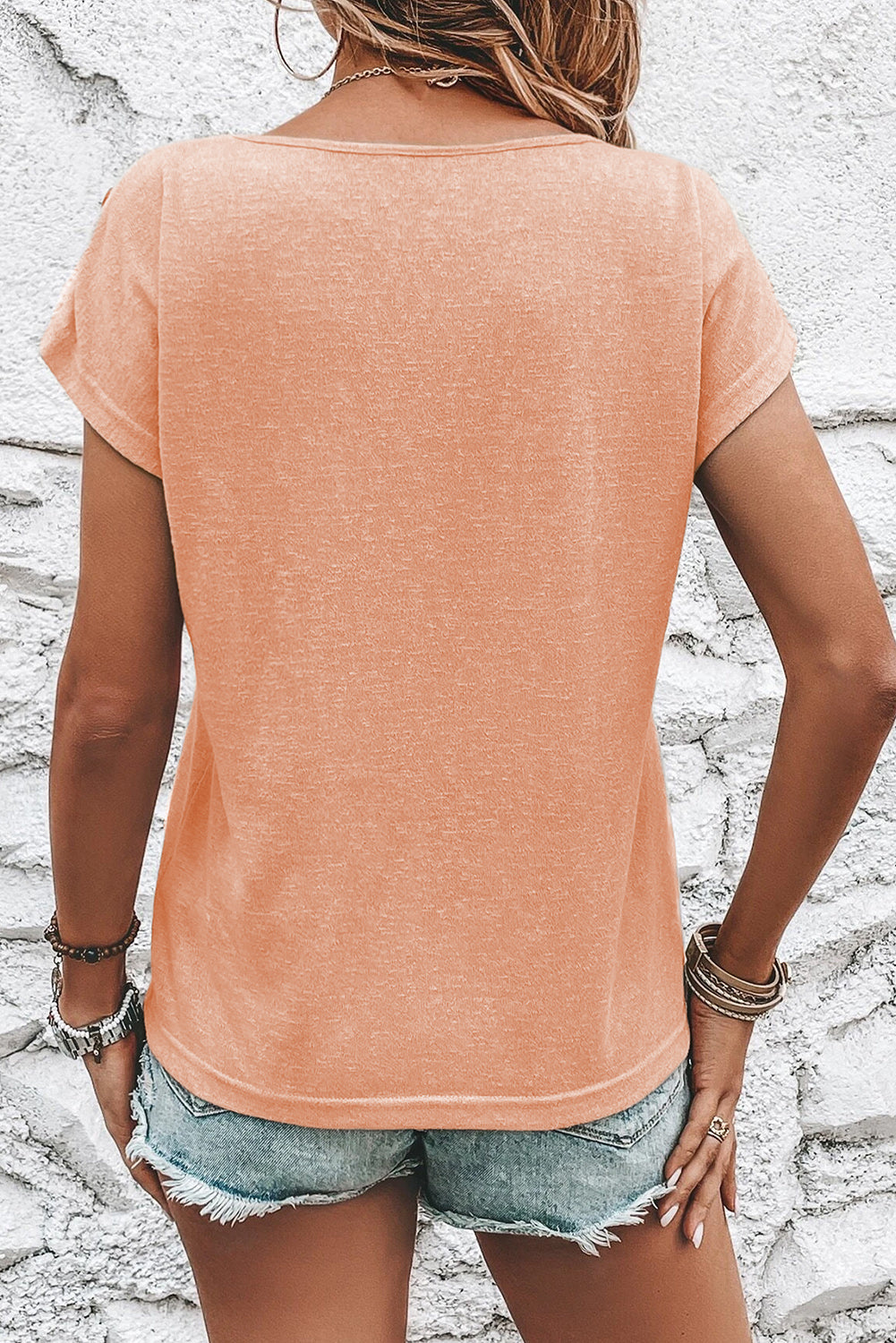 Tee  .  Apricot Pink Button Detail Batwing Sleeve Casual Tee