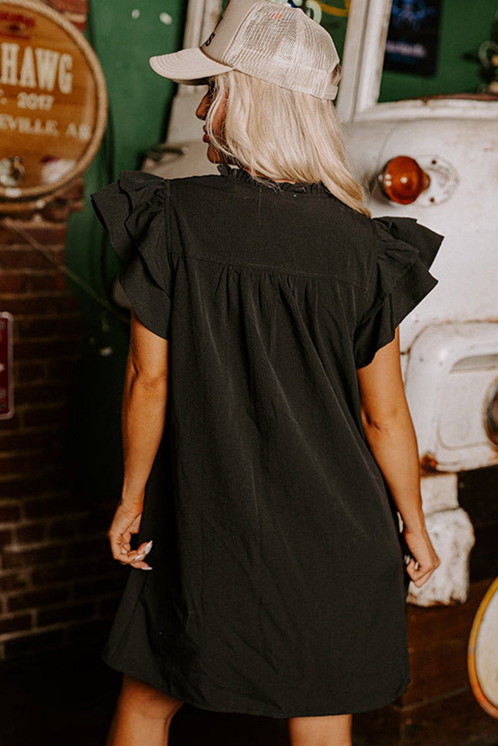 Frilled Shift Dress  .  Black Ruffle Sleeve V Neck