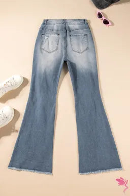 Jeans  .  Dusk Blue Vintage Light Wash Ripped Raw Edge Flare Jeans