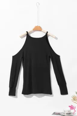 Top  .  Black Marble Knit Cold Shoulder Long Sleeve Top.