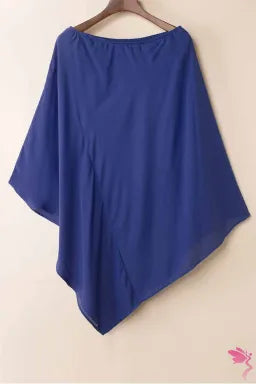 Mini Dress  .  Blue Solid Color One Shoulder Batwing Sleeve Mini Dress