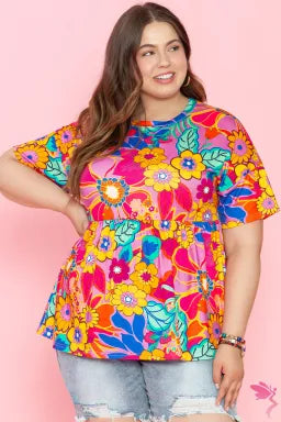 Blouse  .  Pink Floral Print Short Sleeve Plus Size Babydoll Blouse