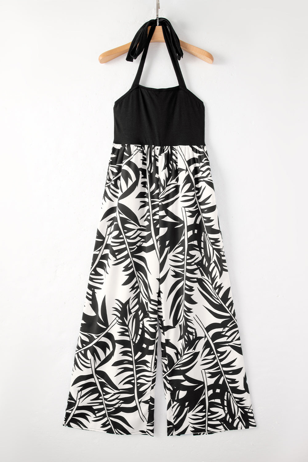 Jumpsuit  .  Black Halter Tropical Plant Print Wide Leg Jumpsuit