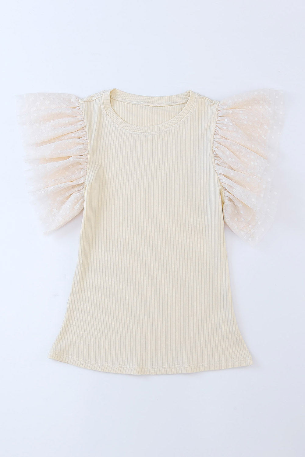 Knit Top .Apricot Dotty Mesh Ruffle Sleeve Ribbed