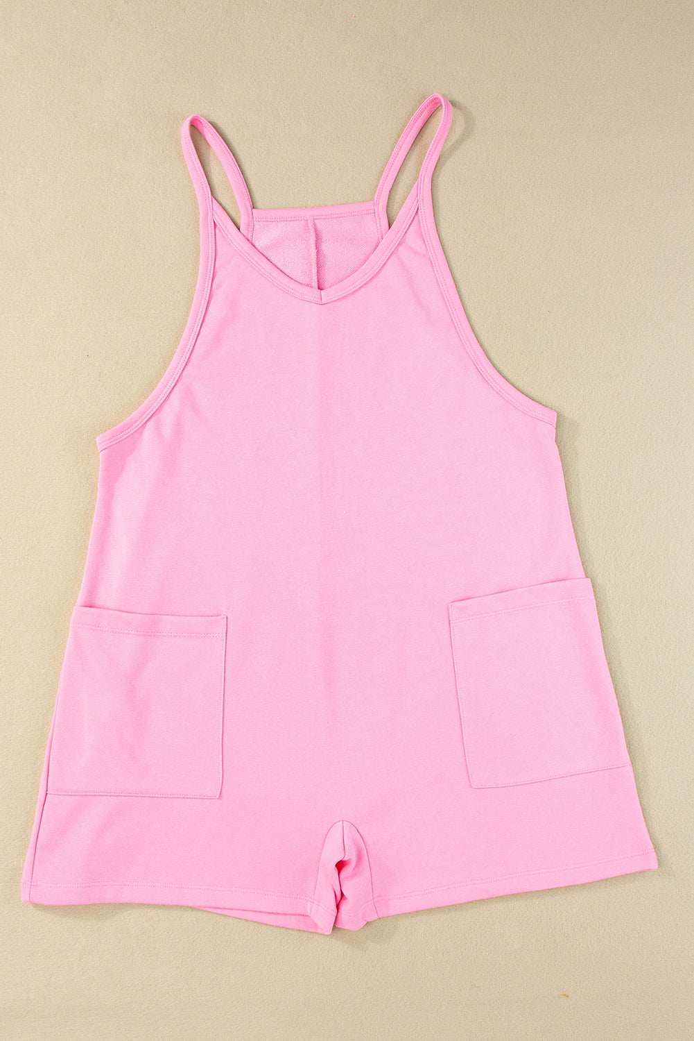 Jersey Romper  .  Pink Sleeveless Pocketed V Neck