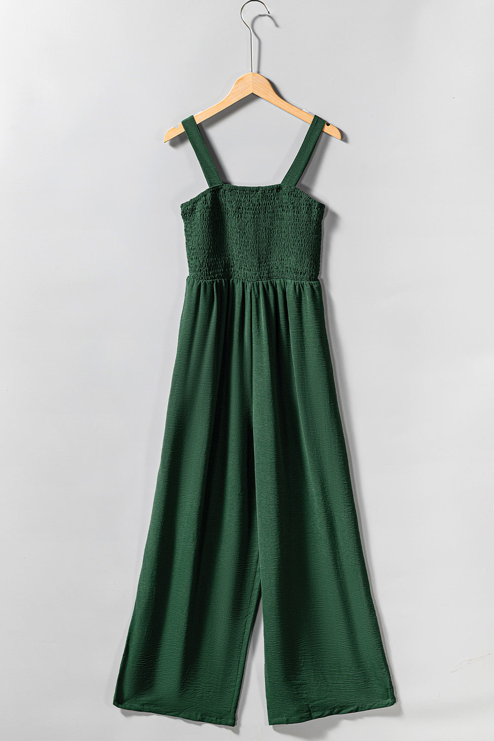 Jumpsuit with Pockets  .  Green Smocked Sleeveless Wide Leg