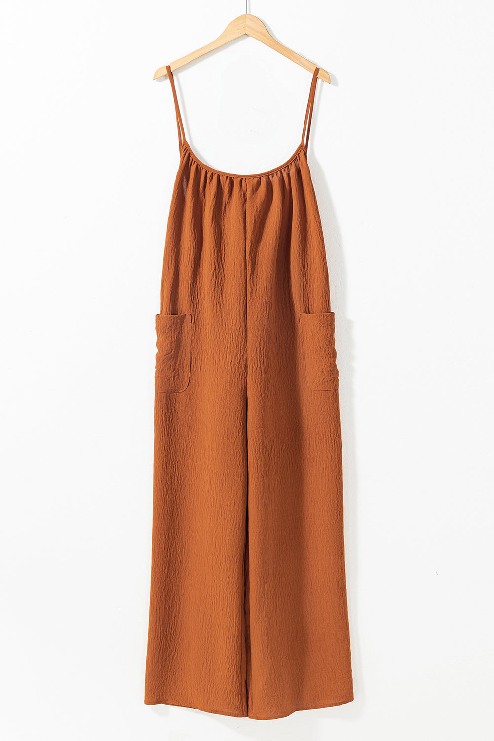 Jumpsuit   .  Chestnut Spaghetti Straps Waist Tie Wide Leg Jumpsuit with Pockets