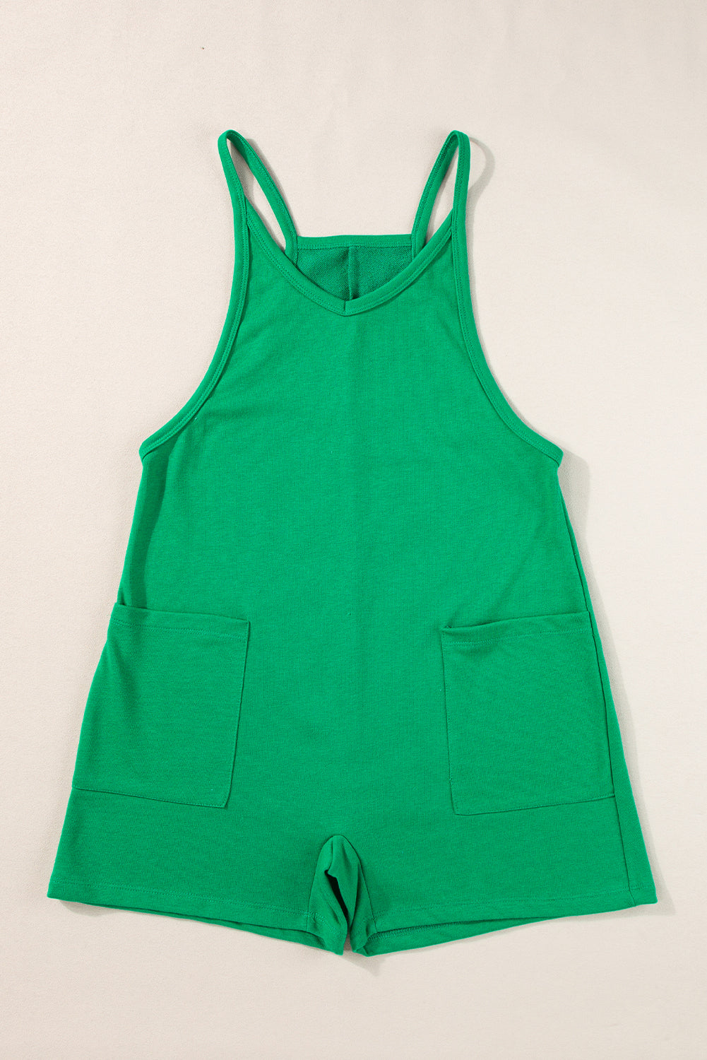 Jersey Romper  .  Bright Green Sleeveless Pocketed V Neck