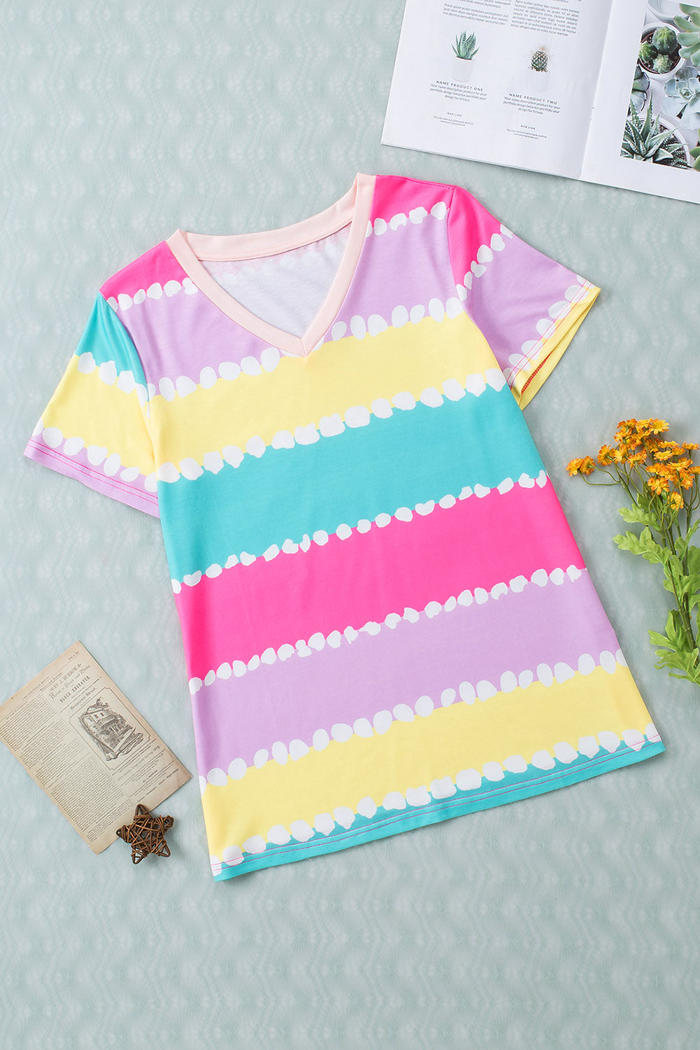 T Shirt  .  Yellow Striped Color Block V Neck T Shirt