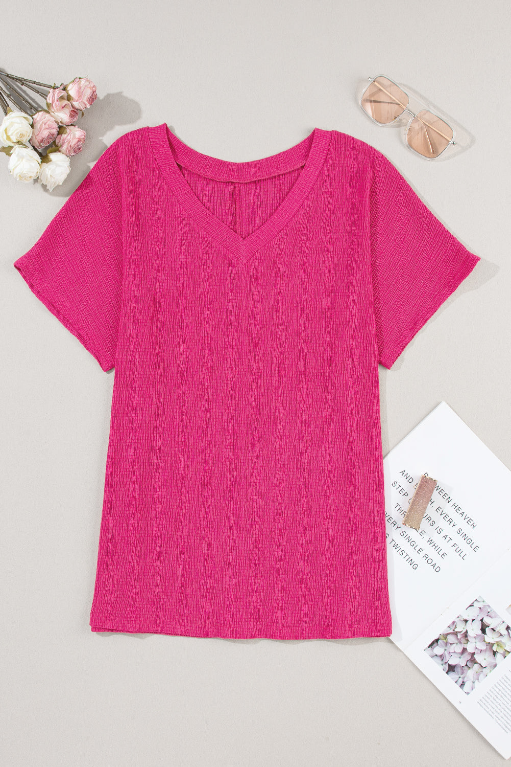 T-shirt  .  Bright Pink Crinkled V Neck Wide Sleeve