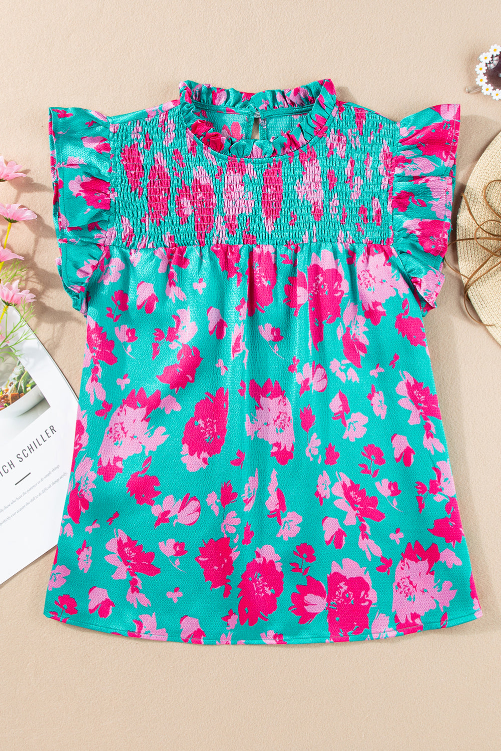 Blouse  .  Green Floral Ruffled Flutter Sleeve Ruched