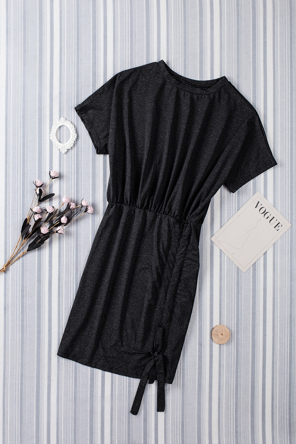 Mini Dress  .  Black Casual Crew Neck Ruched Mini Dress