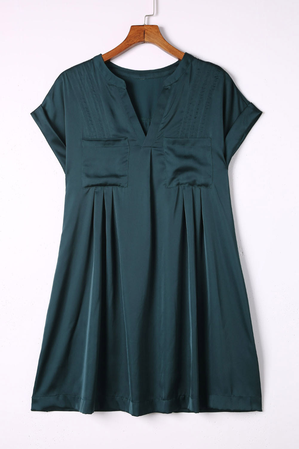 Dress  .  Shift Dress Green Notched Neckline Cuffed Short Sleeve