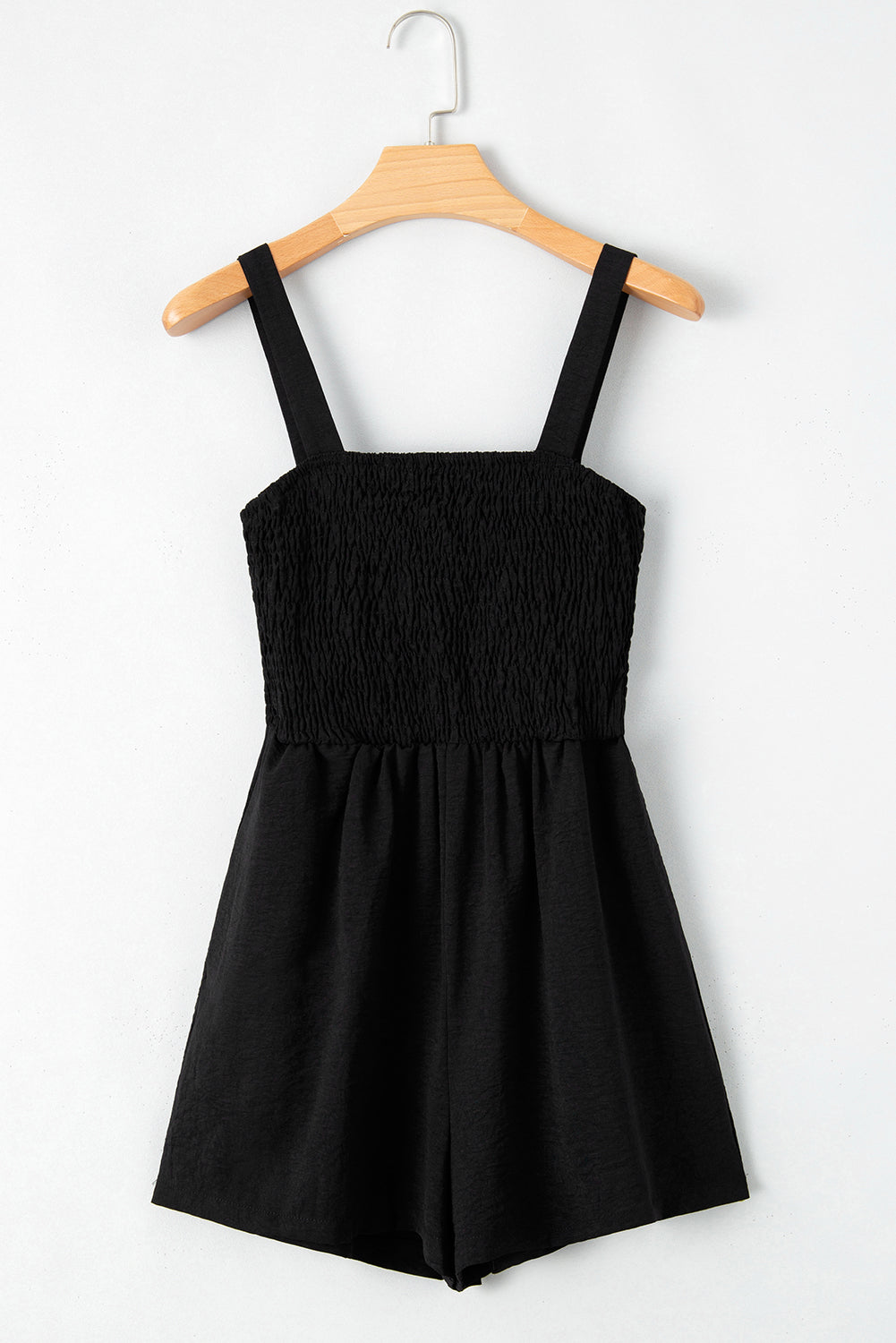 Sleeveless Romper  .  Black Casual Pocketed Smocked