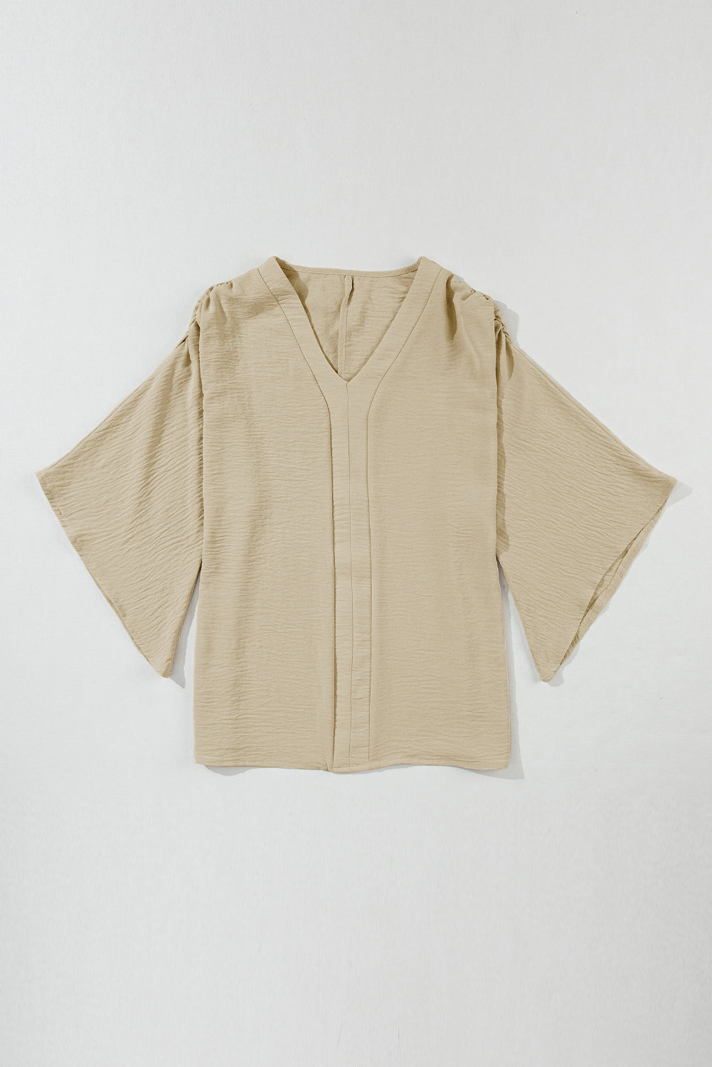 V Neck Wide Sleeve Crinkled Blouse  .  Parchment Solid