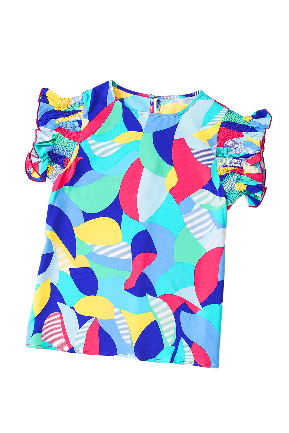 Sleeve Blouse  .  Multicolor Abstract Print Stitching Ruffle