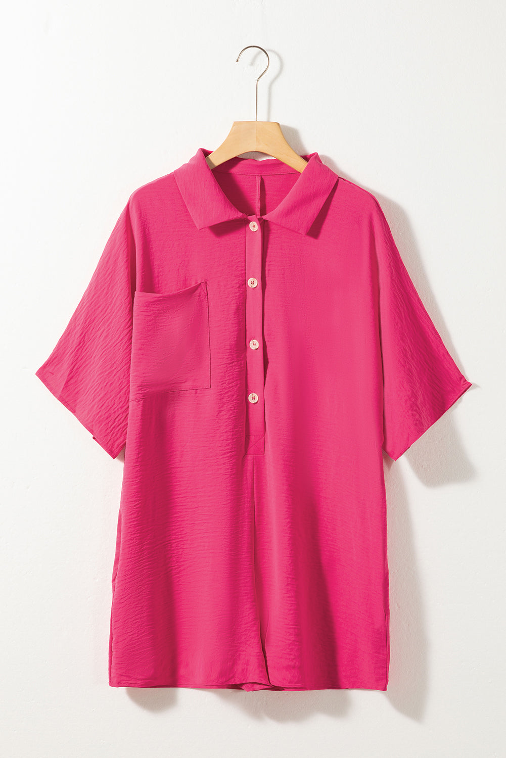 Loose Romper  .  Bright Pink Half Button Collared