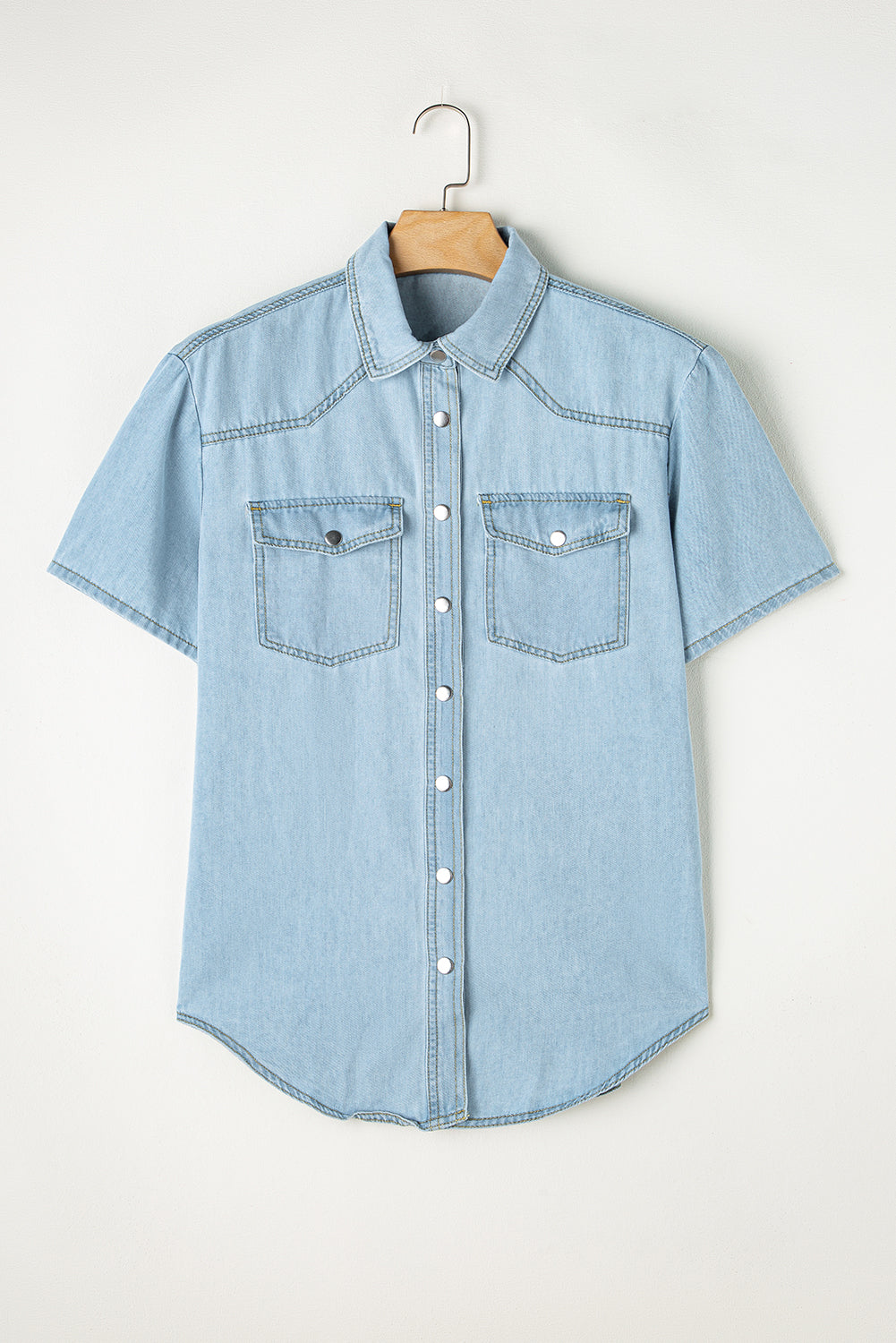 Rounded Hem Shirt  .  Mist Blue Vintage Light Wash Flap Pockets
