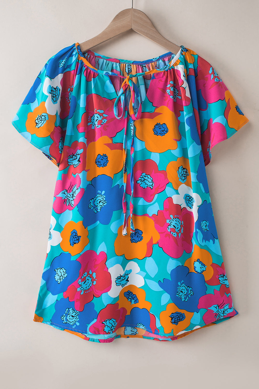 Blouse  .  Multicolor Floral Print Drawstring V Neck Short Sleeve Blouse