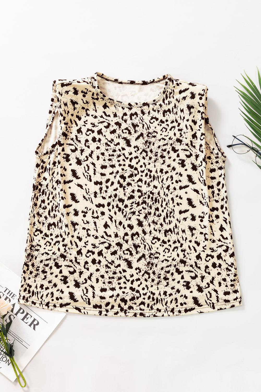 Top  .  Beige Leopard Print Boxy Fit Sleeveless
