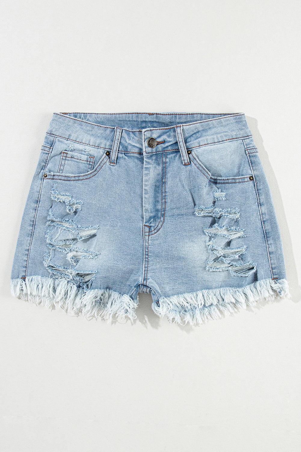 Shorts  .  Light Blue Distressed Ripped Raw Hem High Waist Denim Shorts