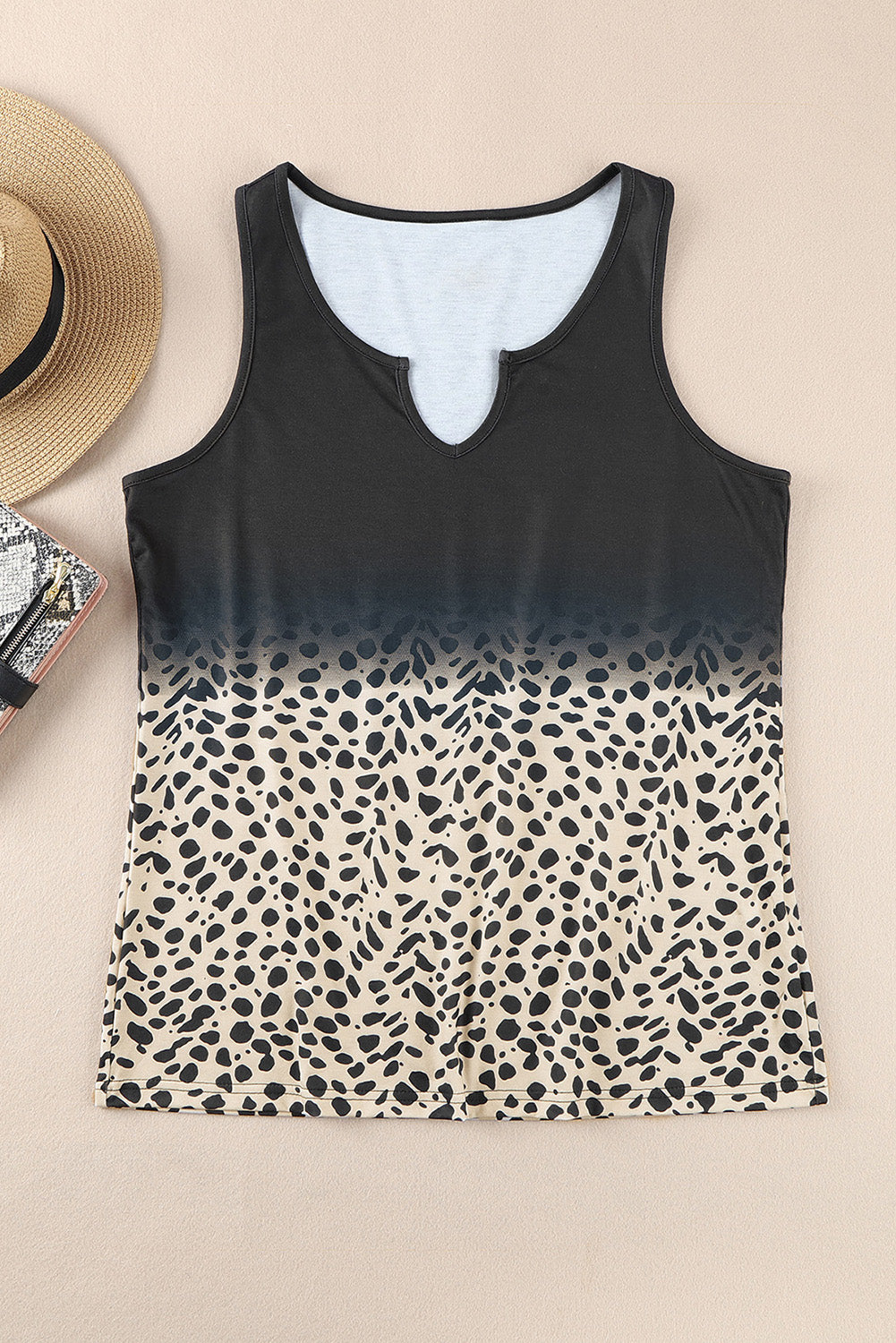 Tank Top  .  Black Gradient Leopard Split Neck