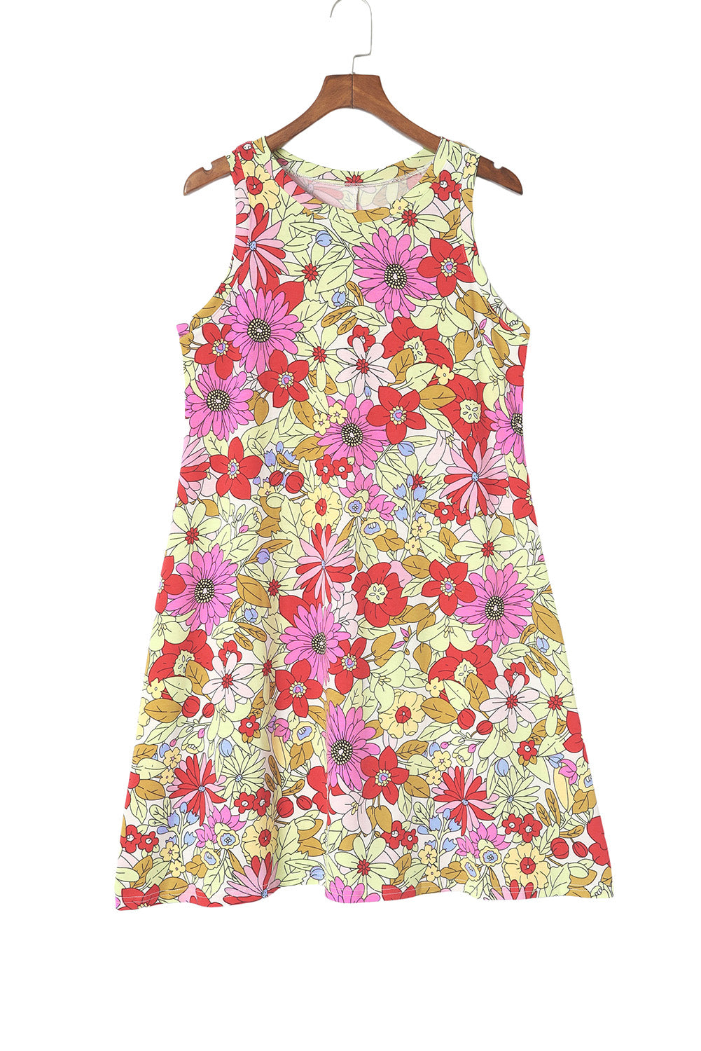 Mini Dress  .  Fiery Red Round Neck Sleeveless Floral